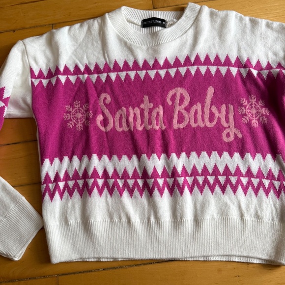 Pretty Little Thing Santa Baby Long Sleeve Crop Pink White Sweater Size M - Picture 2 of 8